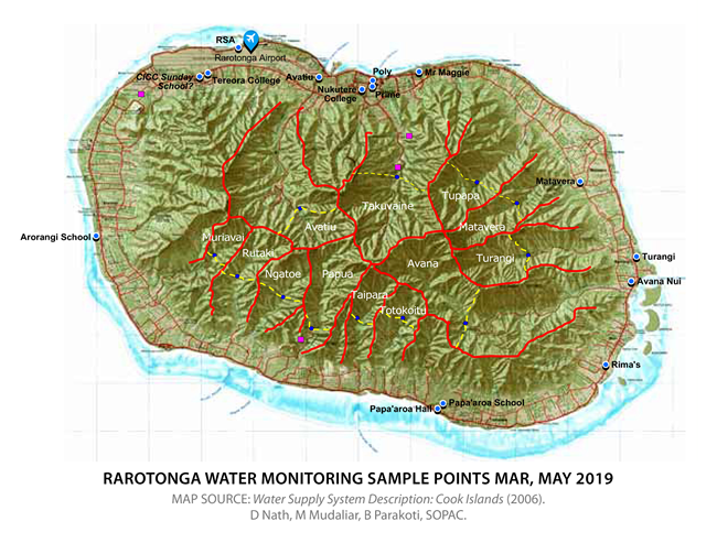 Map of Rarotonga showing water quality monitoring sample points, Mar, May 2019. 