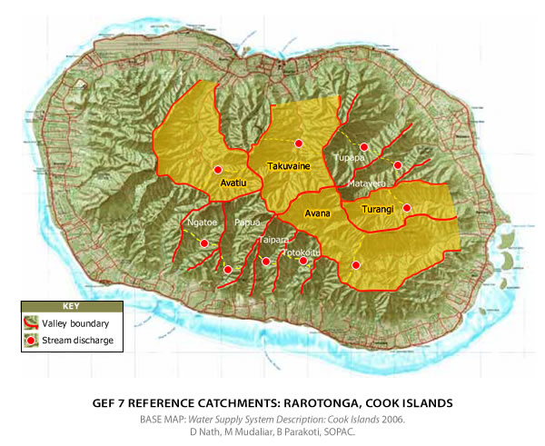 Rarotonga water catchments showing Te Mato Vai stream discharge points. 