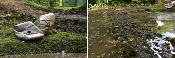 Left: Collapsed plastic sludge storage containers. Right: Degraded division between sludge ponds.